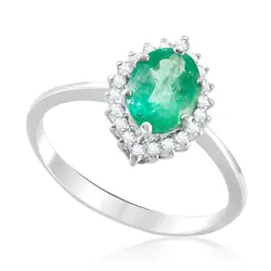 Anel de Ouro Branco com Diamantes e Esmeralda de 1,15 Cts.