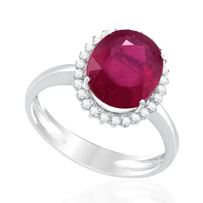 Anel de Ouro Branco com Diamantes e Rubi de 4,50 Cts.