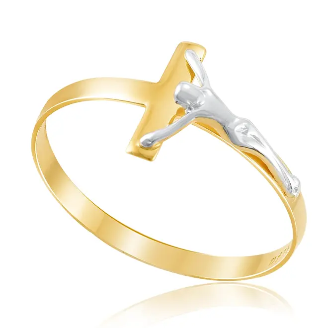 Anel Crucifixo de Ouro Amarelo com Detalhe em Ródio