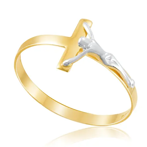 Anel Crucifixo de Ouro Amarelo com Detalhe em Ródio