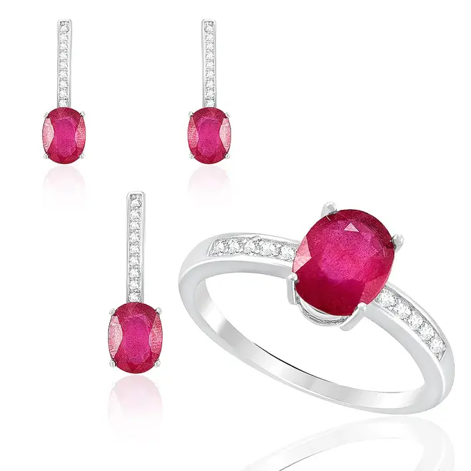 Conjunto Par de Brincos, Pingente e Anel de Prata com Cristais e Rubis