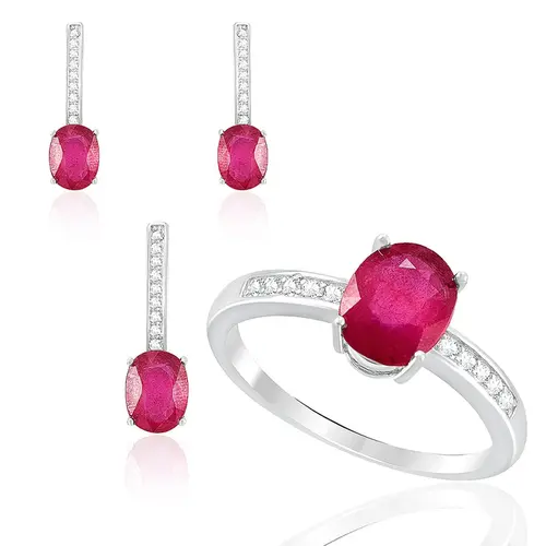 Conjunto Par de Brincos, Pingente e Anel de Prata com Cristais e Rubis