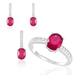 Conjunto Par de Brincos, Pingente e Anel de Prata com Cristais e Rubis