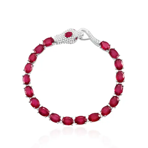 Pulseira Serpente de Prata com Cristais e Rubis , com Acabamento em Ródio