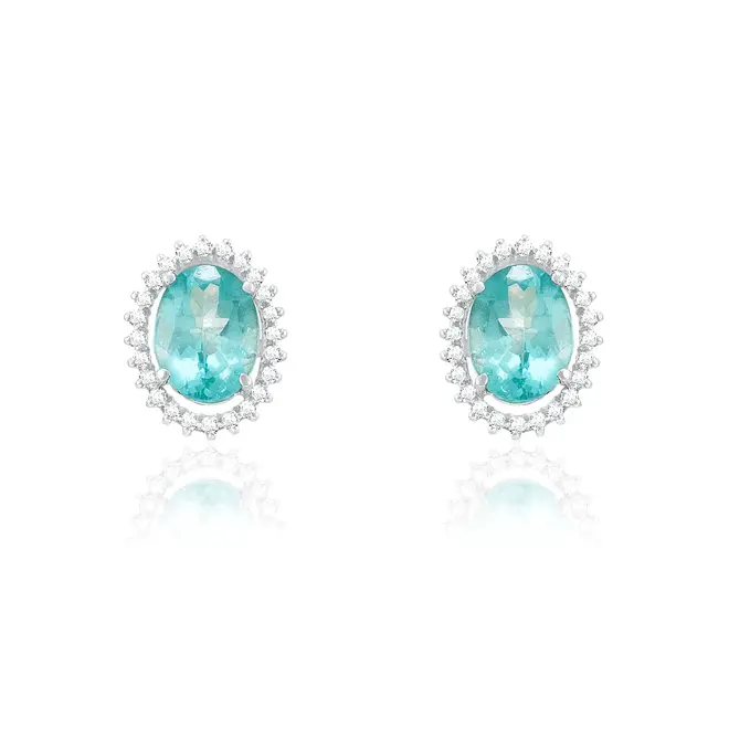 Par de Brincos de Ouro Branco com Diamantes e Apatitas totalizando 2,50 Cts.