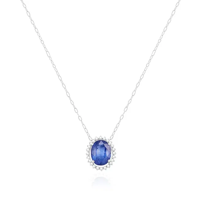 Pingente de Ouro Branco com Corrente, Diamantes e Safira de 3,43 Cts.