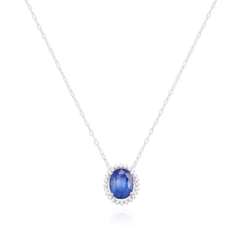 Pingente de Ouro Branco com Corrente, Diamantes e Safira de 3,43 Cts.