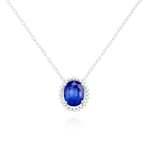 Pingente de Ouro Branco com Corrente, Diamantes e Safira de 3,43 Cts.