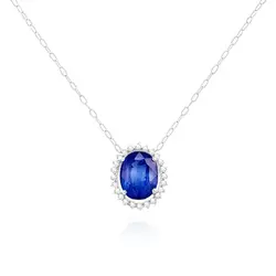 Pingente de Ouro Branco com Corrente, Diamantes e Safira de 3,43 Cts.