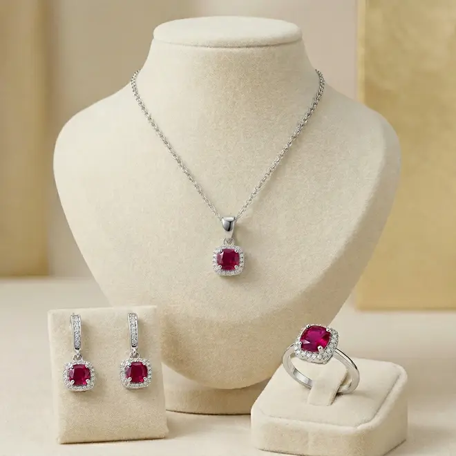 Conjunto Par de Brincos, Pingente e Anel de Prata com Cristais e Rubis