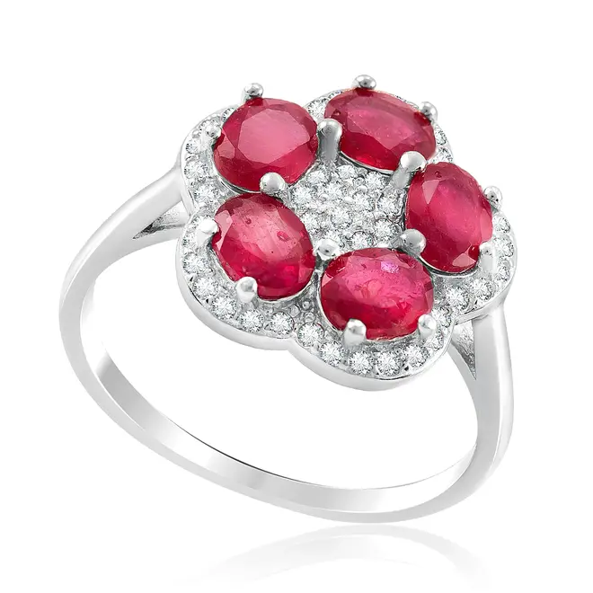Anel Flor de Prata com Cristais e Rubis