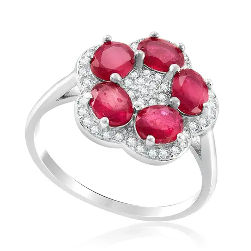 Anel Flor de Prata com Cristais e Rubis