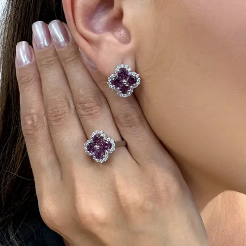 Conjunto Par de Brincos e Anel de Prata com Cristais e Turmalinas Rosas