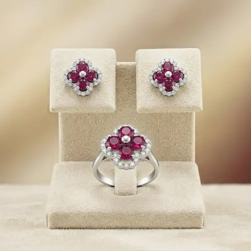 Conjunto Par de Brincos e Anel de Prata com Cristais e Turmalinas Rosas