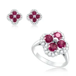 Conjunto Par de Brincos e Anel de Prata com Cristais e Turmalinas Rosas