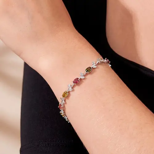 Pulseira de Prata com Cristais e Turmalinas Coloridas