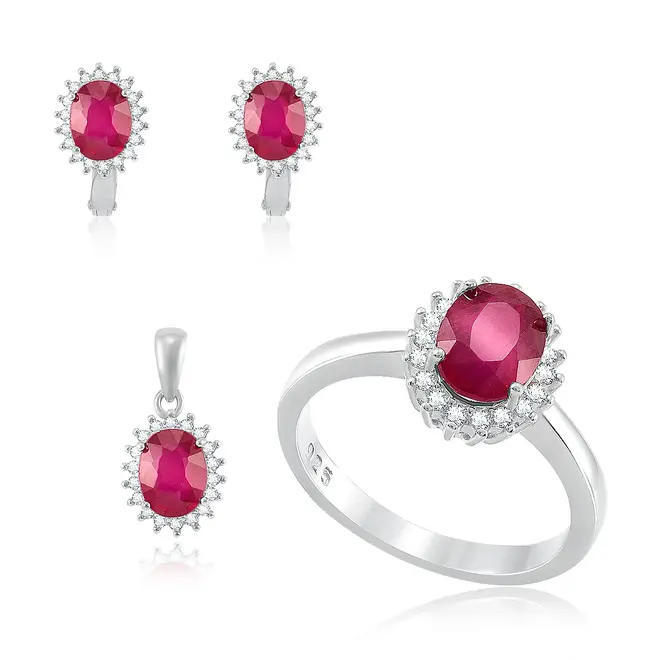 Conjunto Par de Brincos, Pingente e Anel de Prata com Cristais e Rubis