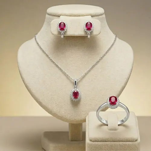 Conjunto Par de Brincos, Pingente e Anel de Prata com Cristais e Rubis
