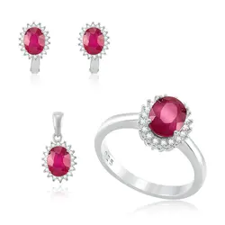 Conjunto Par de Brincos, Pingente e Anel de Prata com Cristais e Rubis