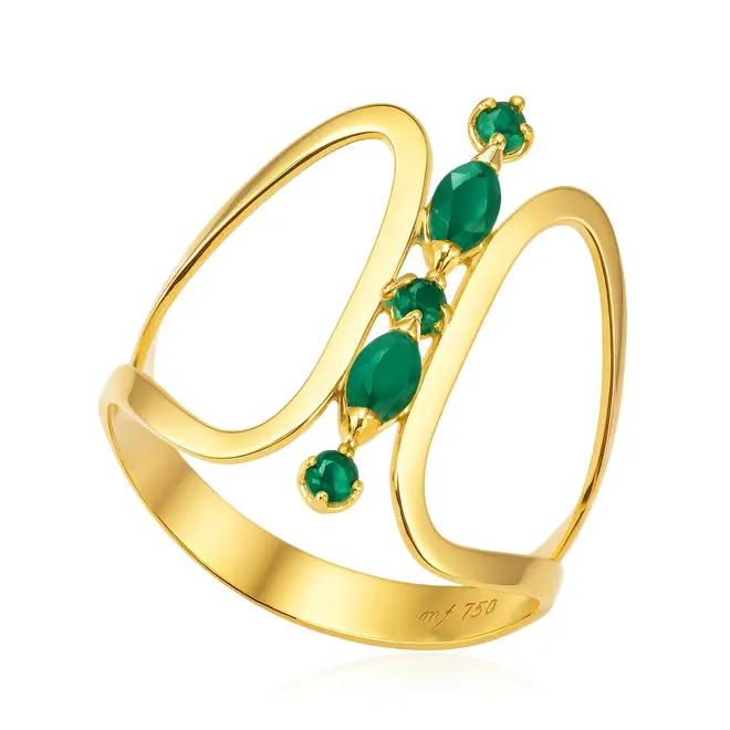 Anel de Ouro Amarelo com 5 Esmeraldas