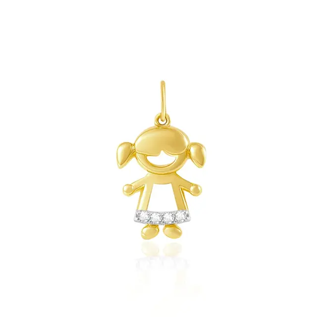 Pingente Menina de Ouro Amarelo com Diamantes e Detalhe em Ródio