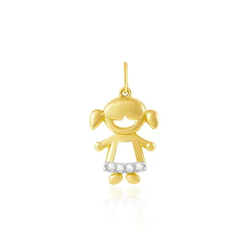Pingente Menina de Ouro Amarelo com Diamantes e Detalhe em Ródio