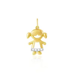 Pingente Menina de Ouro Amarelo com Diamantes e Detalhe em Ródio