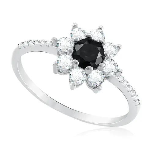 Anel flor de Prata com Cristais e Diamante Negro de 60 pts.
