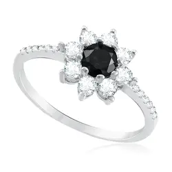 Anel flor de Prata com Cristais e Diamante Negro de 60 pts.