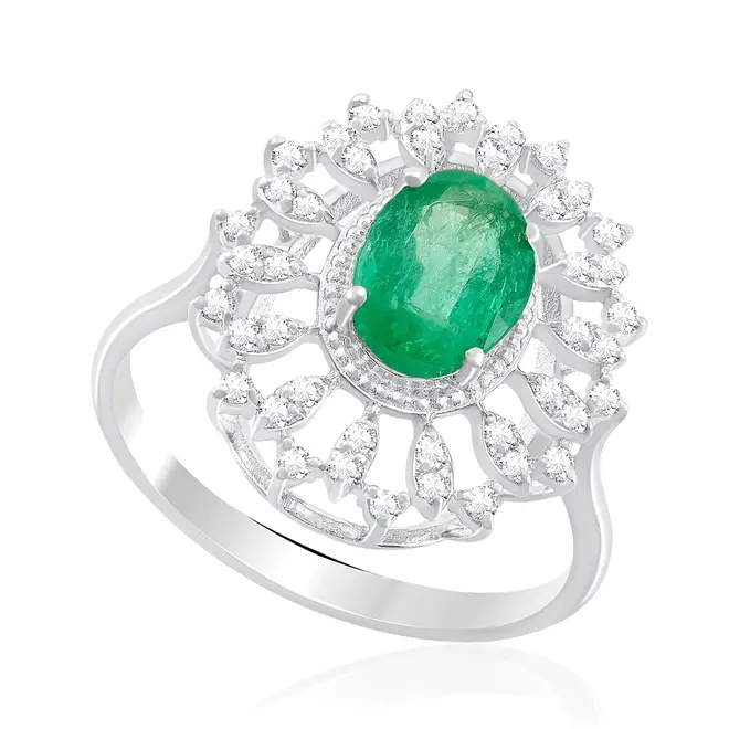 Anel de Ouro Branco com Dimantes e Esmeralda de 1,15 Cts.