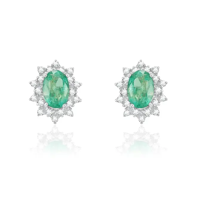 Par de Brincos de Ouro Branco com Diamantes e Esmeraldas totalizando 1,58 Cts.