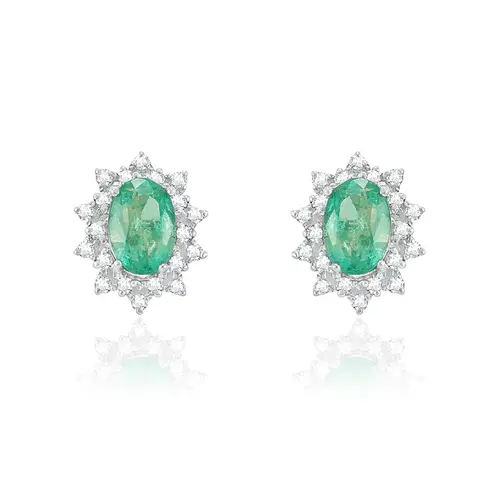 Par de Brincos de Ouro Branco com Diamantes e Esmeraldas totalizando 1,58 Cts.