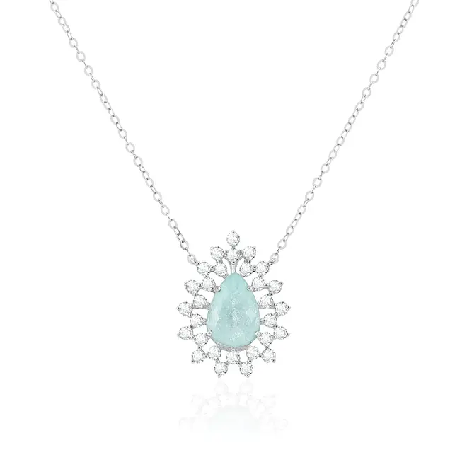 Colar de Ouro Branco com e Diamantes e Turmalina Paraíba de 1,77 Cts.