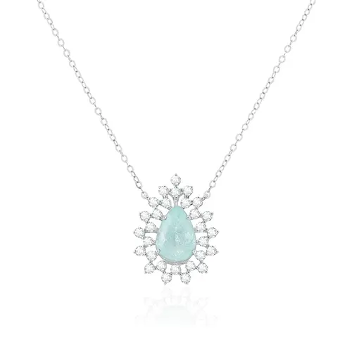 Colar de Ouro Branco com e Diamantes e Turmalina Paraíba de 1,77 Cts.