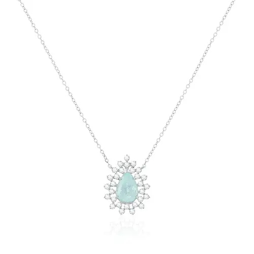 Colar de Ouro Branco com e Diamantes e Turmalina Paraíba de 1,77 Cts.