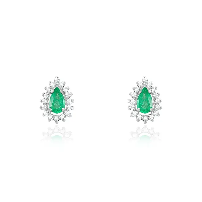 Par de Brincos Gota  de Ouro Branco com Diamantes e Esmeraldas