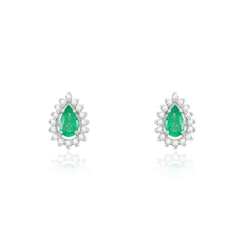 Par de Brincos Gota  de Ouro Branco com Diamantes e Esmeraldas