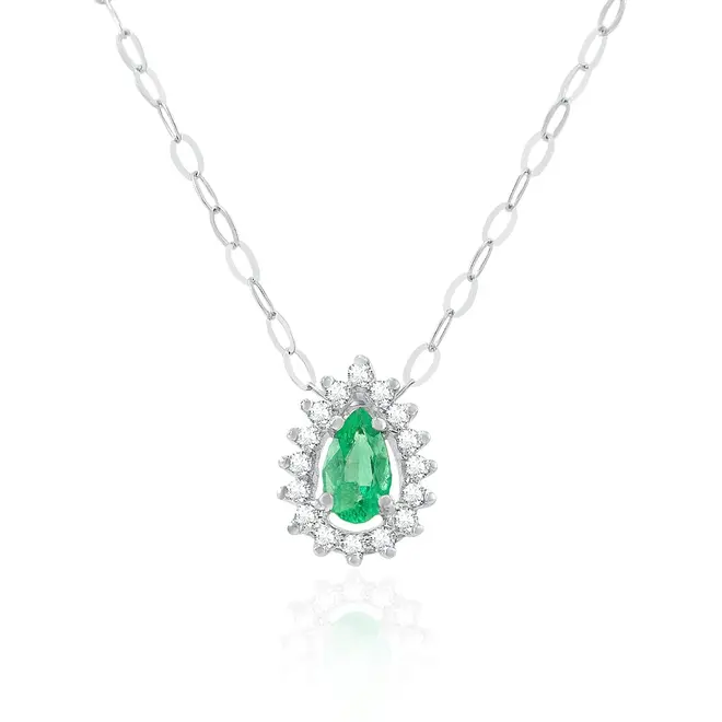 Pingente de Ouro Branco com Corrente, Diamantes e Esmeralda