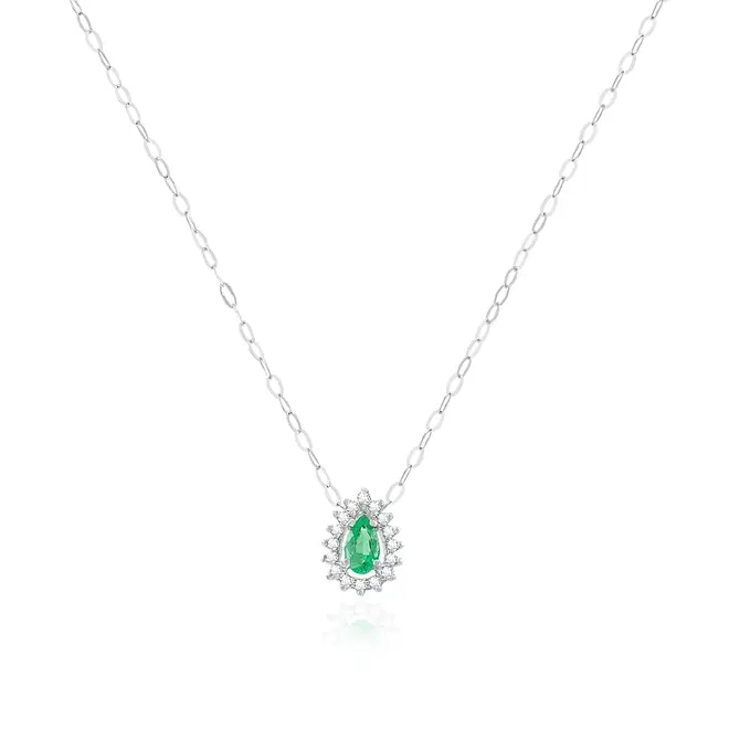 Pingente de Ouro Branco com Corrente, Diamantes e Esmeralda