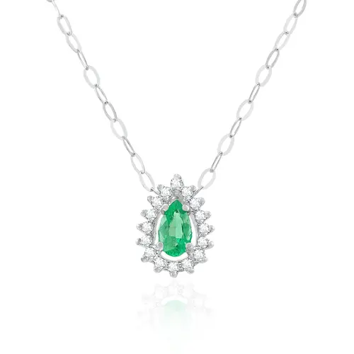 Pingente de Ouro Branco com Corrente, Diamantes e Esmeralda