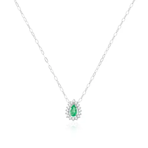 Pingente de Ouro Branco com Corrente, Diamantes e Esmeralda