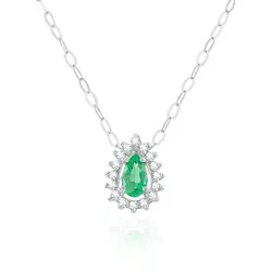 Pingente de Ouro Branco com Corrente, Diamantes e Esmeralda