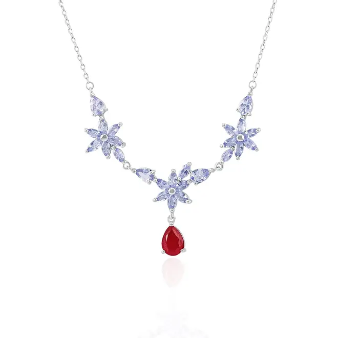 Conjunto Gargantilha, Pulseira, Par de Brincos e Anel de Prata com Cristais, Rubis e Tanzanitas