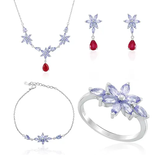 Conjunto Gargantilha, Pulseira, Par de Brincos e Anel de Prata com Cristais, Rubis e Tanzanitas