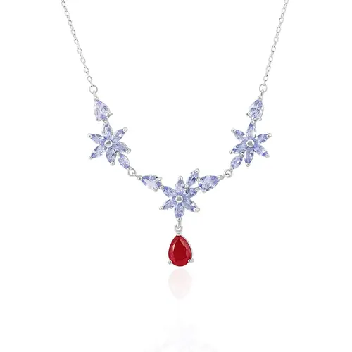 Conjunto Gargantilha, Pulseira, Par de Brincos e Anel de Prata com Cristais, Rubis e Tanzanitas