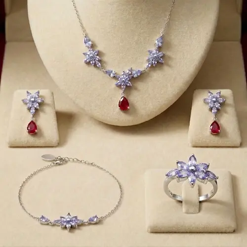 Conjunto Gargantilha, Pulseira, Par de Brincos e Anel de Prata com Cristais, Rubis e Tanzanitas