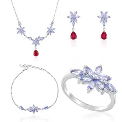 Conjunto Gargantilha, Pulseira, Par de Brincos e Anel de Prata com Cristais, Rubis e Tanzanitas