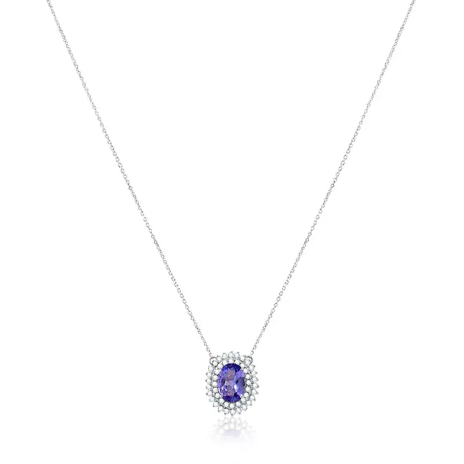 Pingente com Corrente de Ouro Branco, Diamantes e Tanzanita