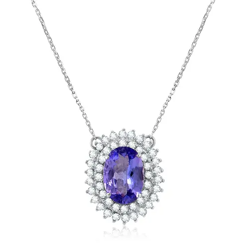 Pingente com Corrente de Ouro Branco, Diamantes e Tanzanita