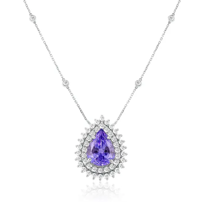 Pingente de Ouro Branco com Diamantes e Tanzanita de 1,55 Cts.